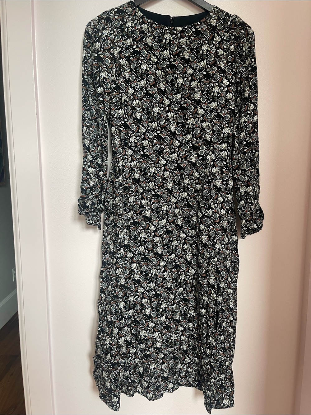 LOFT Black Floral Long Sleeve Midi Dress with White‎ & Light Blue Print